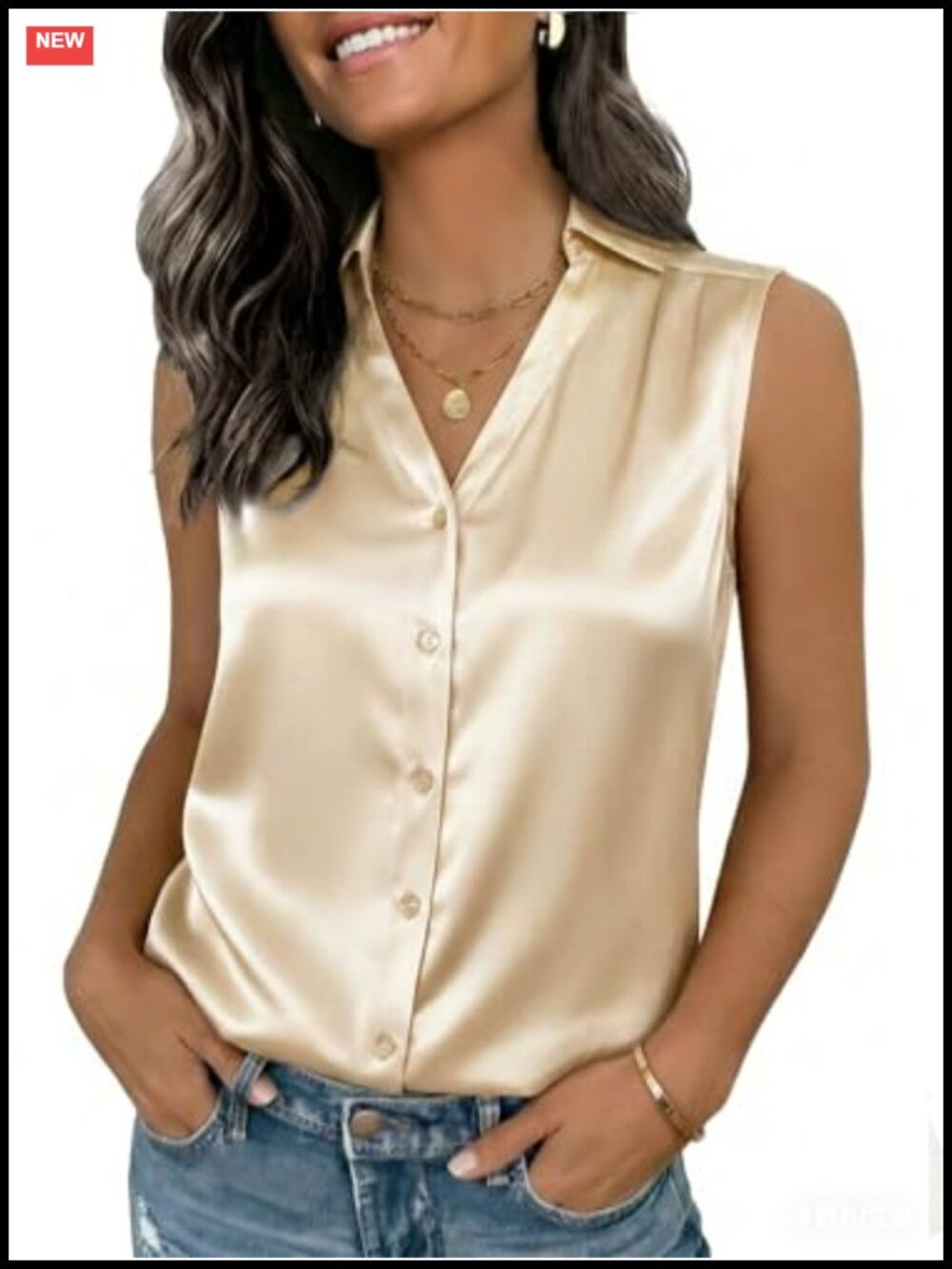 Satin Sleeveless Button Down Blouse V Neck Dressy Business Casual Top